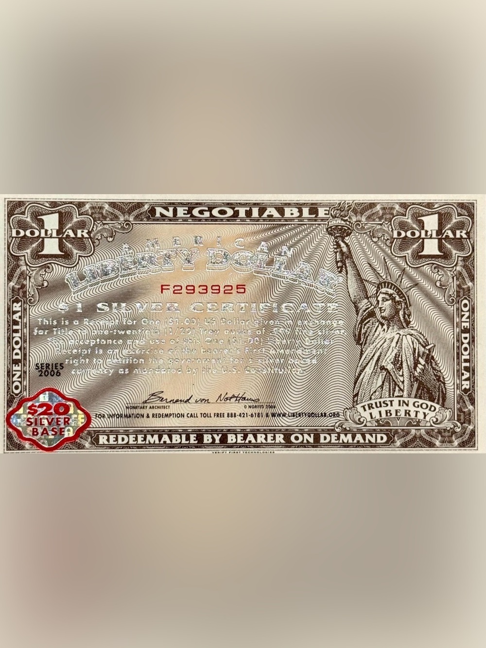 2006 NORFED American Liberty Dollar, $20 Silver Base Note, Uncirculated